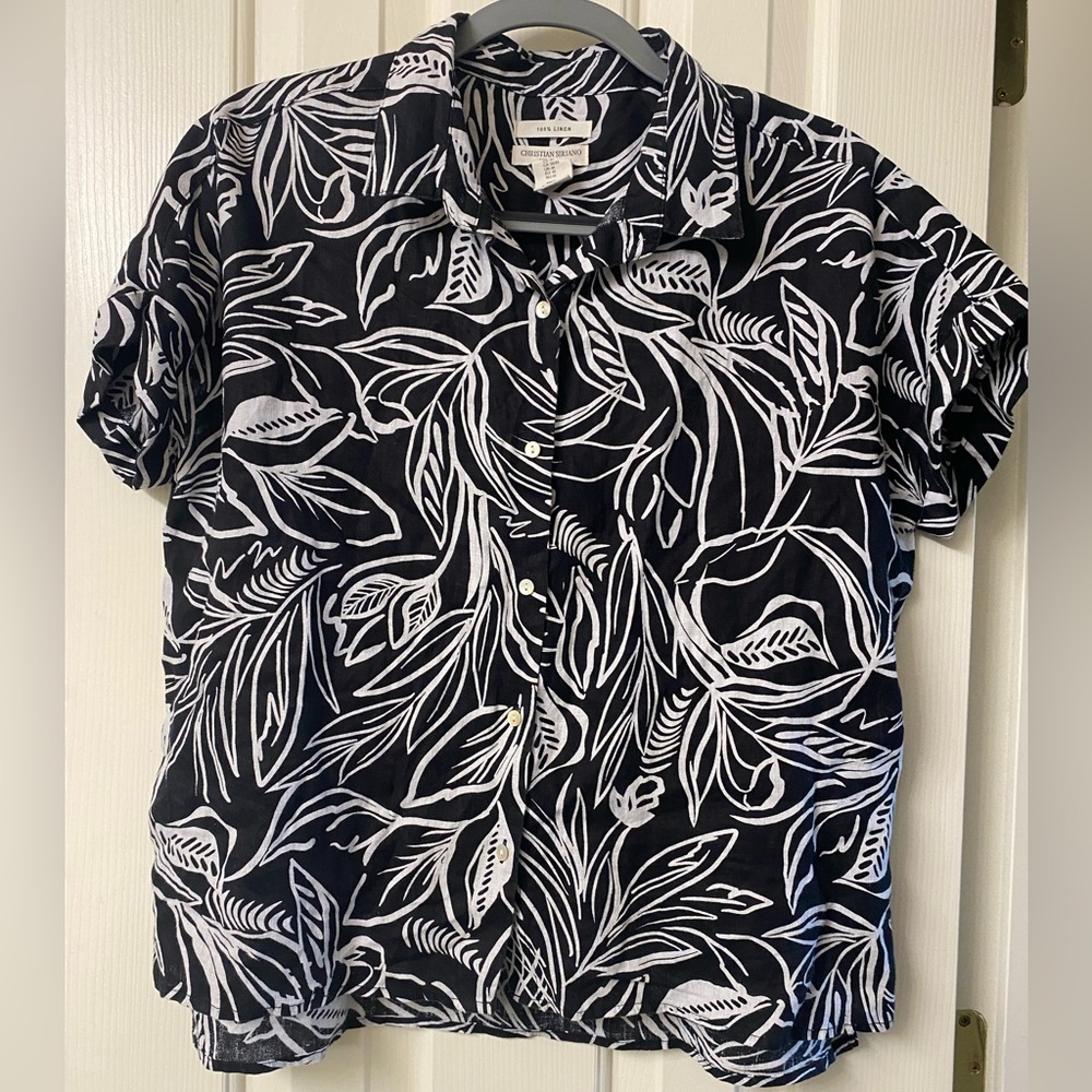 Christian Siriano New York Linen Black and White Leaf Print Button-Up Shirt